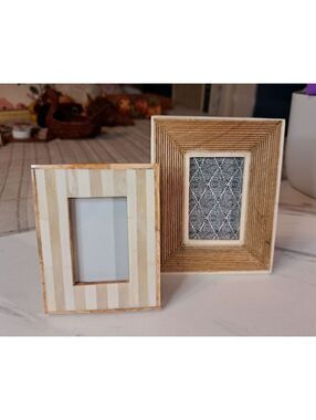 Set of 2 Banka Mundi Mango Wood & Carved Bone Framed Picture Frames 4.5"x 5.5"